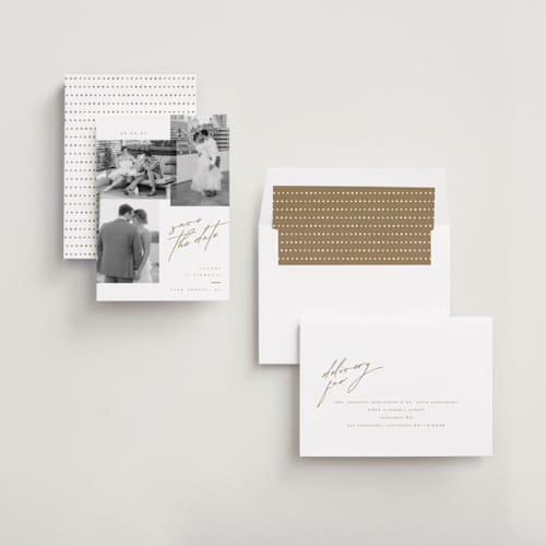 This is a cognac save the date with standard by Kristie Kern called forte printing on recycled smooth signature in standard