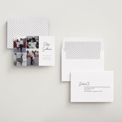 This is a sugar save the date with standard by Jessica Williams called bookmarked printing on recycled smooth signature in standard