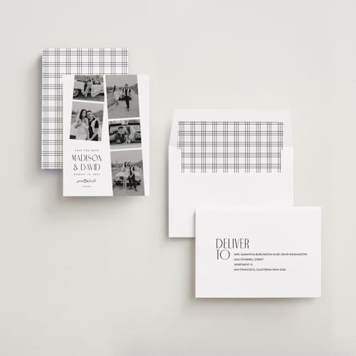 This is a sugar save the date with standard by Jessica Williams called photo booth printing on recycled smooth signature in standard