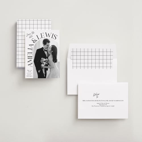This is a ivory save the date with standard by Alethea and Ruth called side curve printing on recycled smooth signature in standard