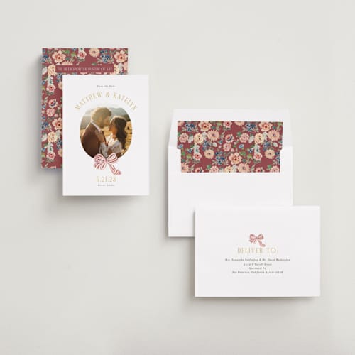 This is a rose save the date with standard by Itsy Belle Studio called ruban en fleur printing on recycled smooth signature in standard
