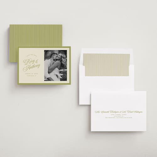This is a olive save the date with standard by Ellen Schlegelmilch called rory printing on recycled smooth signature in standard
