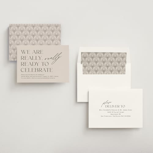 This is a blush save the date with standard by Amy Payne called really really ready printing on signature in standard