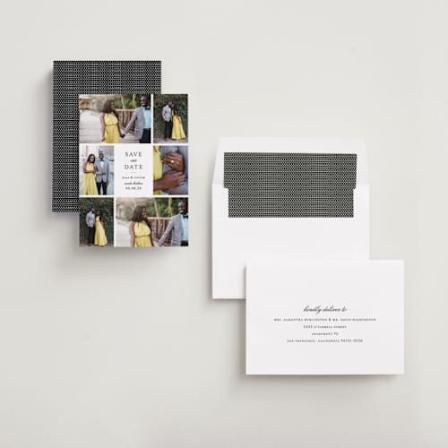 This is a cotton save the date with standard by Sara Hicks Malone called multitude printing on recycled smooth signature in standard