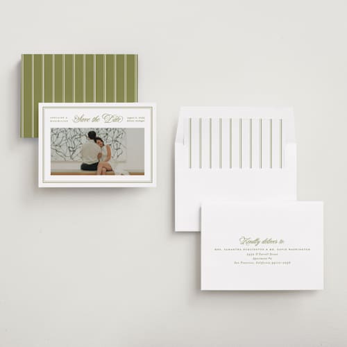 This is a olive save the date with standard by Ellen Schlegelmilch called museo printing on recycled smooth signature in standard