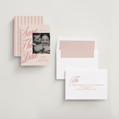 This is a cherry save the date with standard by Alethea and Ruth called script overlay printing on recycled smooth signature in standard