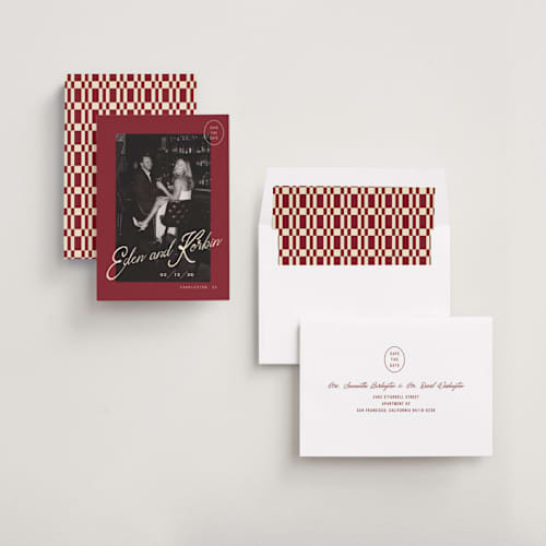 This is a campari save the date with standard by Susan Zinader called cocktail hour printing on recycled smooth signature in standard