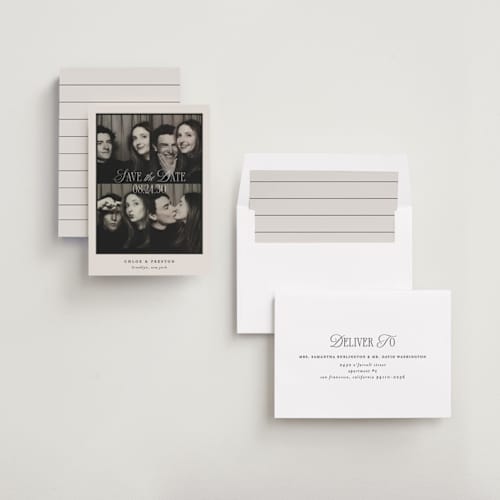 This is a tan save the date with standard by Ashley Iwafuchi called sweet snapshot printing on recycled smooth signature in standard