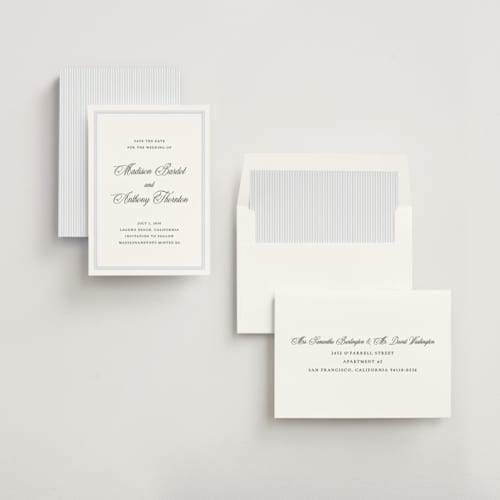 This is a bluebell save the date with standard by Vanessa Doyle called triple border printing on signature in standard