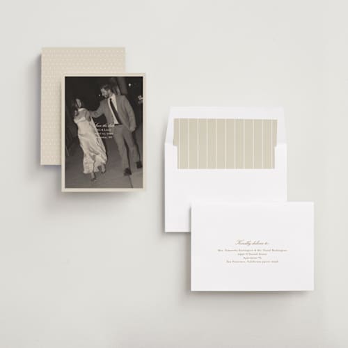 This is a cream save the date with standard by Ellen Schlegelmilch called louie printing on recycled smooth signature in standard