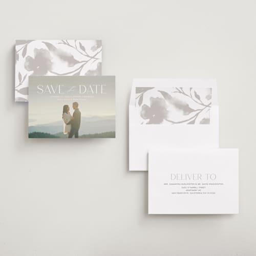 This is a cloud save the date with standard by Kate Ahn called monterosso printing on recycled smooth signature in standard
