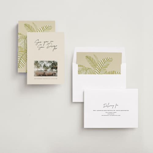 This is a mellow save the date with standard by Inkblot Design called heated printing on recycled smooth signature in standard