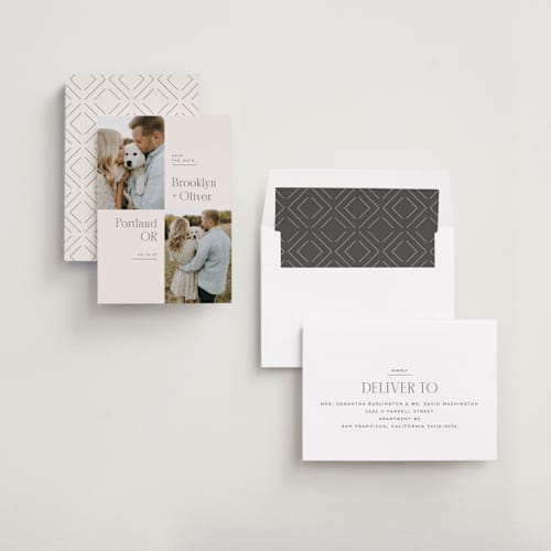 This is a latte save the date with standard by Kristie Kern called portland printing on recycled smooth signature in standard