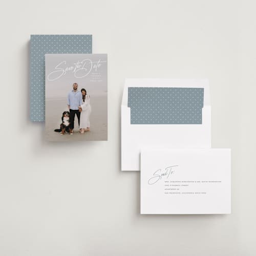 This is a snow save the date with standard by Lauren Chism called sweetest love printing on recycled smooth signature in 5x7