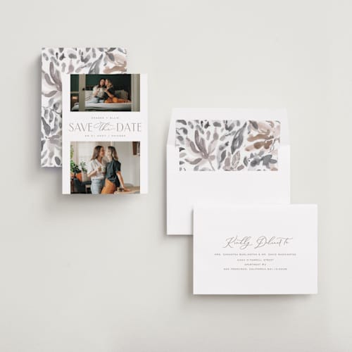 This is a sandstone save the date with standard by Pixel and Hank called duet printing on recycled smooth signature in standard