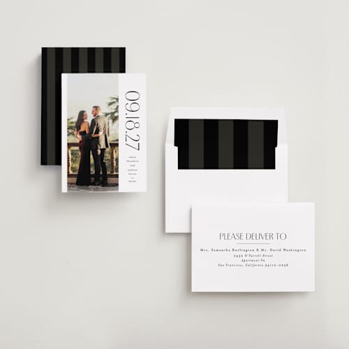 This is a tux save the date with standard by Lea Delaveris called heights printing on recycled smooth signature in standard
