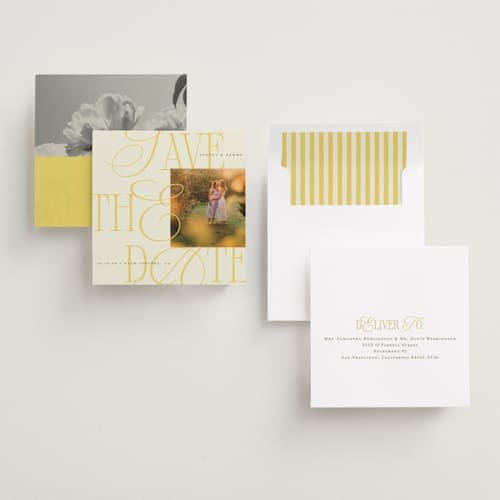 This is a island citrus save the date with standard by Morgan Kendall called bloom printing on recycled smooth signature in standard