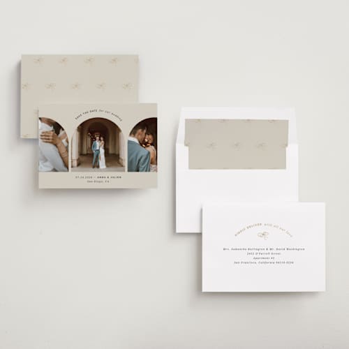 This is a sand save the date with standard by Kristin Oliversen called pure elegance printing on recycled smooth signature in standard