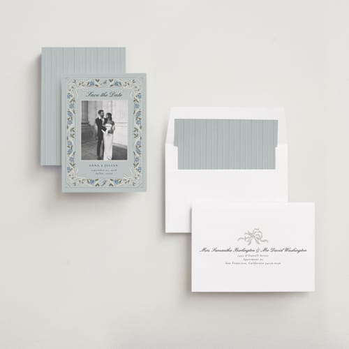This is a sky save the date with standard by Ana de Sousa called romantic elegance printing on recycled smooth signature in standard