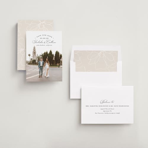 This is a onyx save the date with standard by Erica Krystek called arched type printing on recycled smooth signature in standard