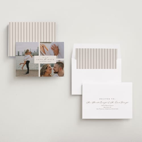 This is a almond save the date with standard by Brianne Larsen called classic date printing on recycled smooth signature in standard