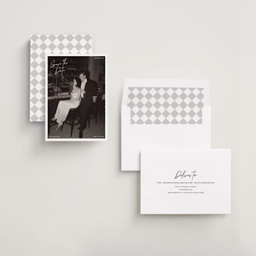 This is a cloud save the date with standard by Inkblot Design called corners printing on recycled smooth signature in standard