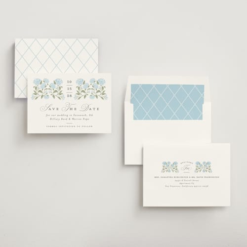 This is a nantucket save the date with standard by Susan Zinader called hydrangea hedge printing on signature in standard
