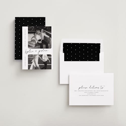 This is a snow save the date with standard by Sarah Curry called signature snapshots printing on recycled smooth signature in standard