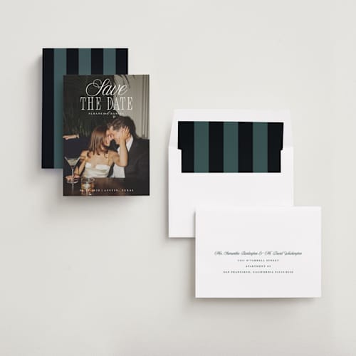 This is a porcelain save the date with standard by Maria Alou called his & hers printing on recycled smooth signature in standard