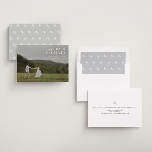 This is a ivory save the date with standard by Juneau Designs called hold tight printing on recycled smooth signature in standard