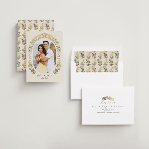 This is a spring save the date with standard by Elly called spring printing on recycled smooth signature in standard