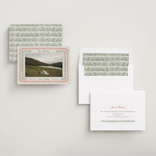 This is a vintage save the date with standard by Elly called romantic floral printing on recycled smooth signature in standard