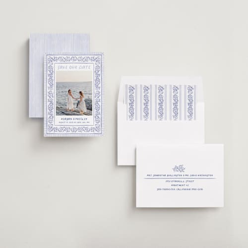 This is a cerulean save the date with standard by Jenna Holcomb called provincial printing on recycled smooth signature in standard