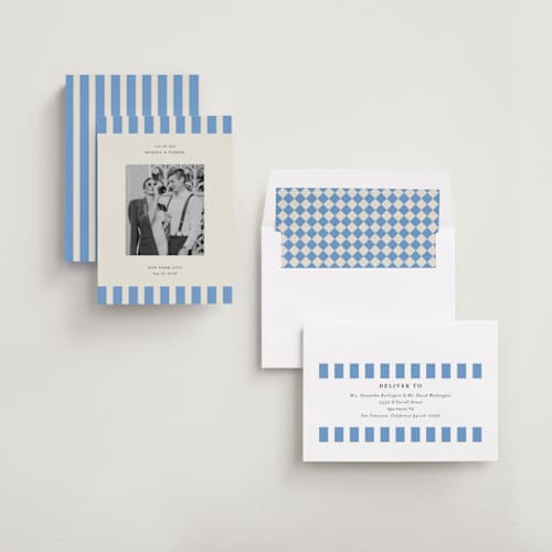 This is a sky save the date with standard by Jackie Crawford called modern border printing on recycled smooth signature in standard