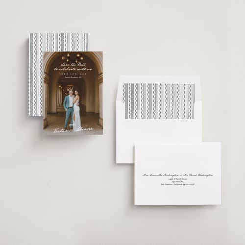 This is a ivory save the date with standard by Alethea and Ruth called celebration xo printing on recycled smooth signature in standard