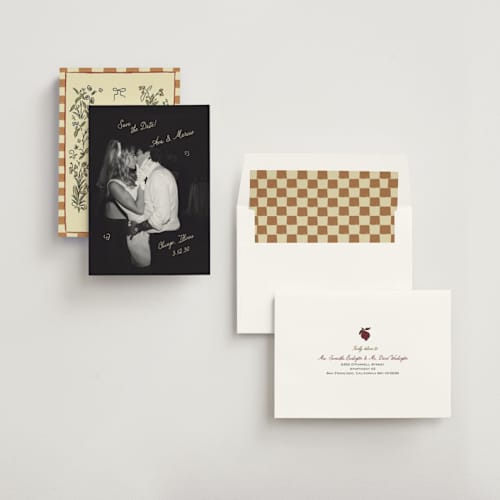 This is a oat save the date with standard by Helena Vitto called love rests in a garden printing on recycled smooth signature in standard