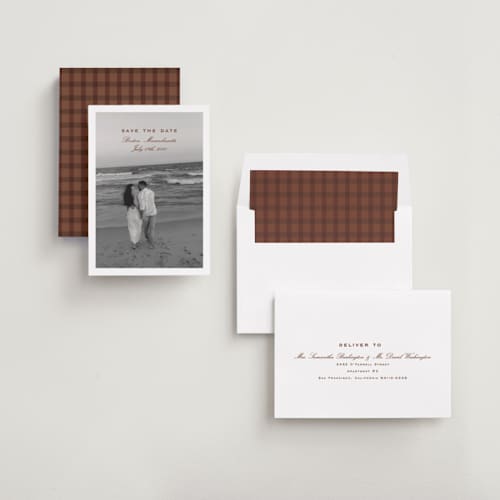 This is a pecan save the date with standard by chocomocacino called flatkaka printing on recycled smooth signature in standard