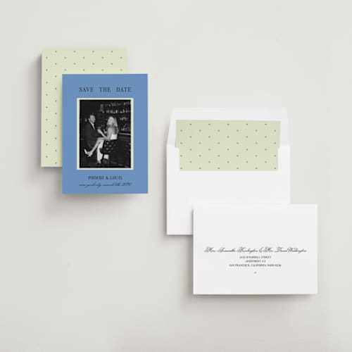 This is a cornflower save the date with standard by Ani Somi called blue save the date printing on recycled smooth signature in standard