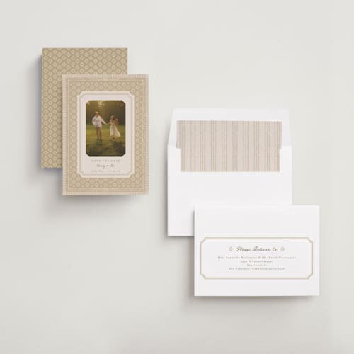 This is a caramel save the date with standard by Erin L. Wilson called prairie printing on recycled smooth signature in standard