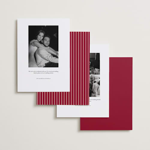 This is a burgundy save the date with standard by Ellen Schlegelmilch called vintage cinema printing on recycled smooth signature in standard