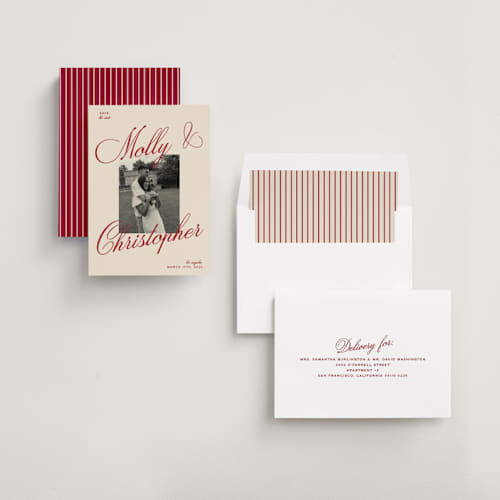 This is a burgundy save the date with standard by Ellen Schlegelmilch called vintage cinema printing on recycled smooth signature in standard