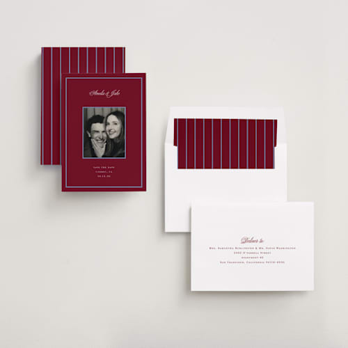 This is a cardinal save the date with standard by Laura Vuletic called orion printing on recycled smooth signature in standard