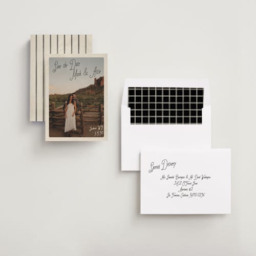 This is a midnight save the date with standard by Jenna Holcomb called vintage mail printing on recycled smooth signature in standard