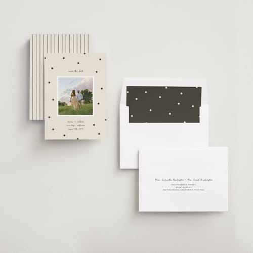This is a cream save the date with standard by taylorVdesign called polka dots printing on recycled smooth signature in standard