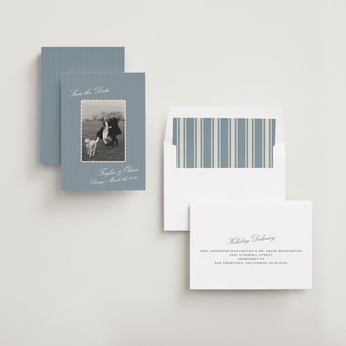 This is a ocean save the date with standard by Kristie Kern called a vintage vibe printing on recycled smooth signature in standard