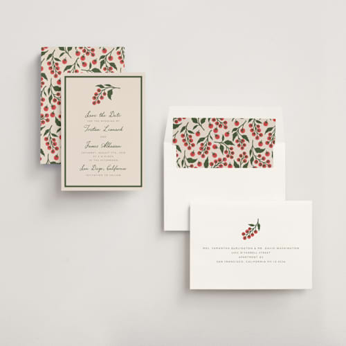 This is a sand save the date with standard by Katharine Watson called tomato vine printing on signature in standard