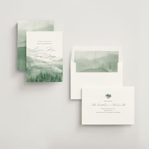 This is a fern save the date with standard by Helen Halik called over the mountains printing on signature in standard