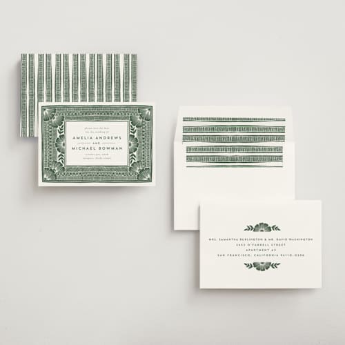This is a fern save the date with standard by Katharine Watson called block print frame printing on signature in standard