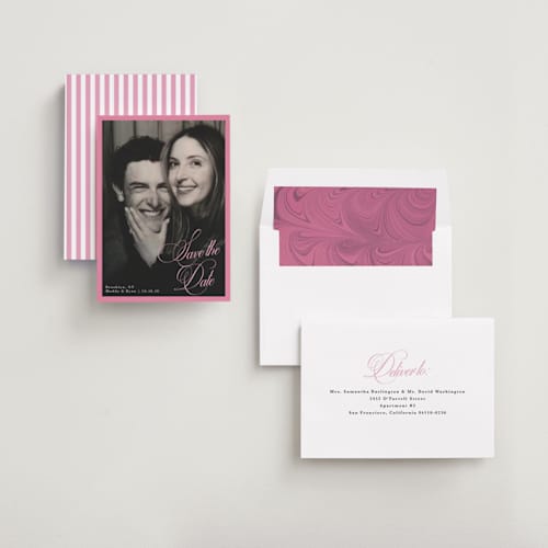 This is a peony save the date with standard by Morgan Kendall called bubblegum printing on recycled smooth signature in standard