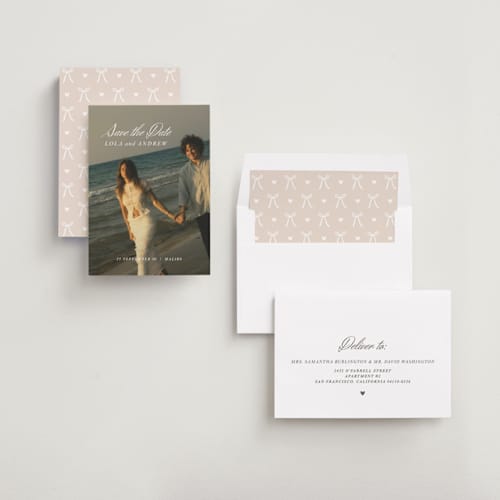 This is a pearl save the date with standard by Stacey Day called essence printing on recycled smooth signature in standard